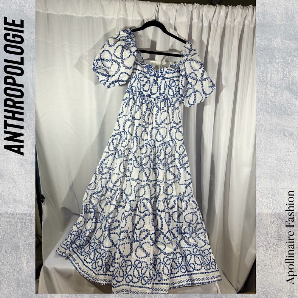 ANTHROPOLOGIE PUFF SLEEVES EYELET MAXI DRESS IN BLUE WHITE NWOT - Picture 7 of 10